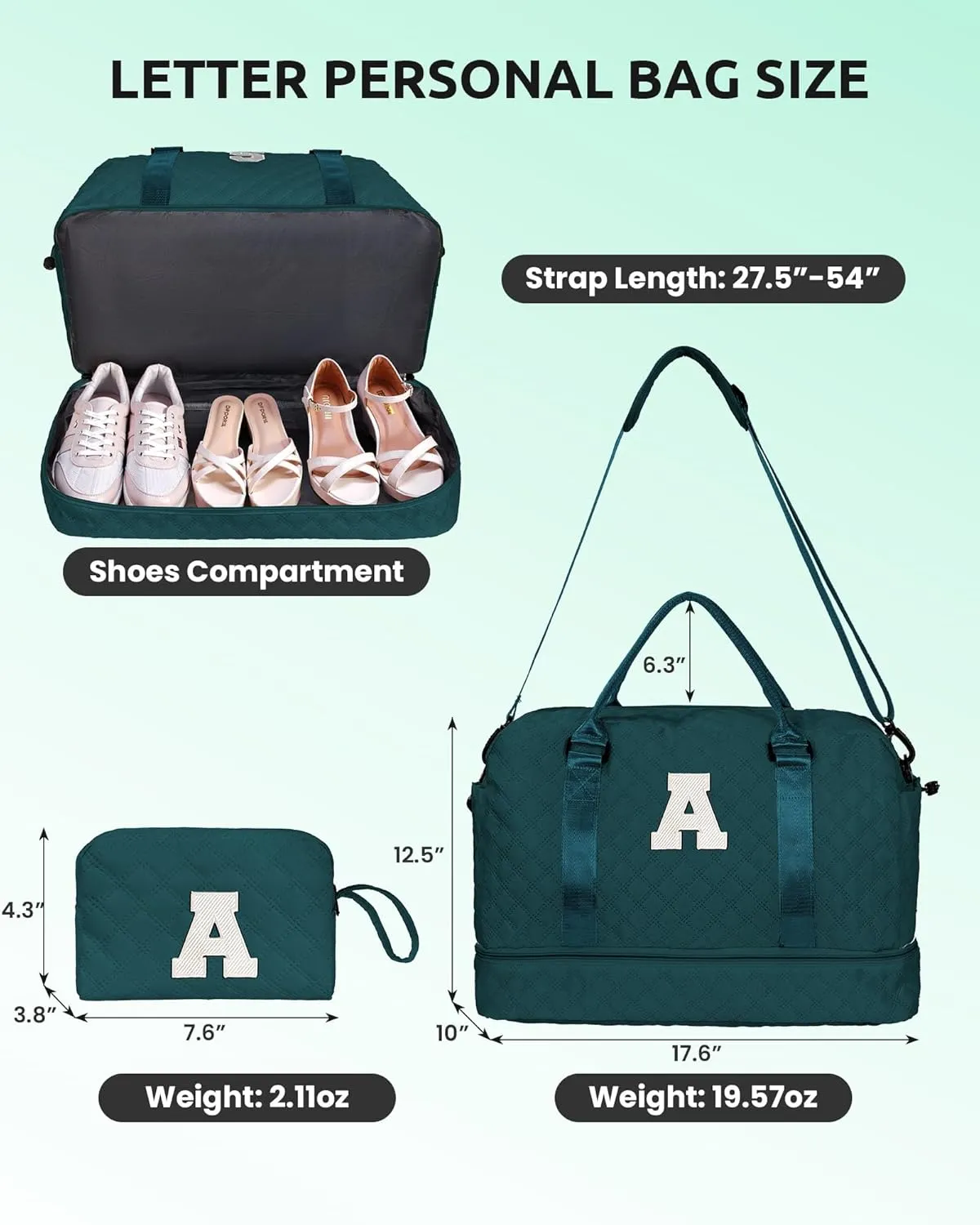 Mothers Day Gift, Woman Duffel Bag with Shoe Compartment, Personalized Weekender Bag, Monogram Overnight Bag for Women, Letter Travel Bag with Makeup Bag Bride Gifts (Letter D)