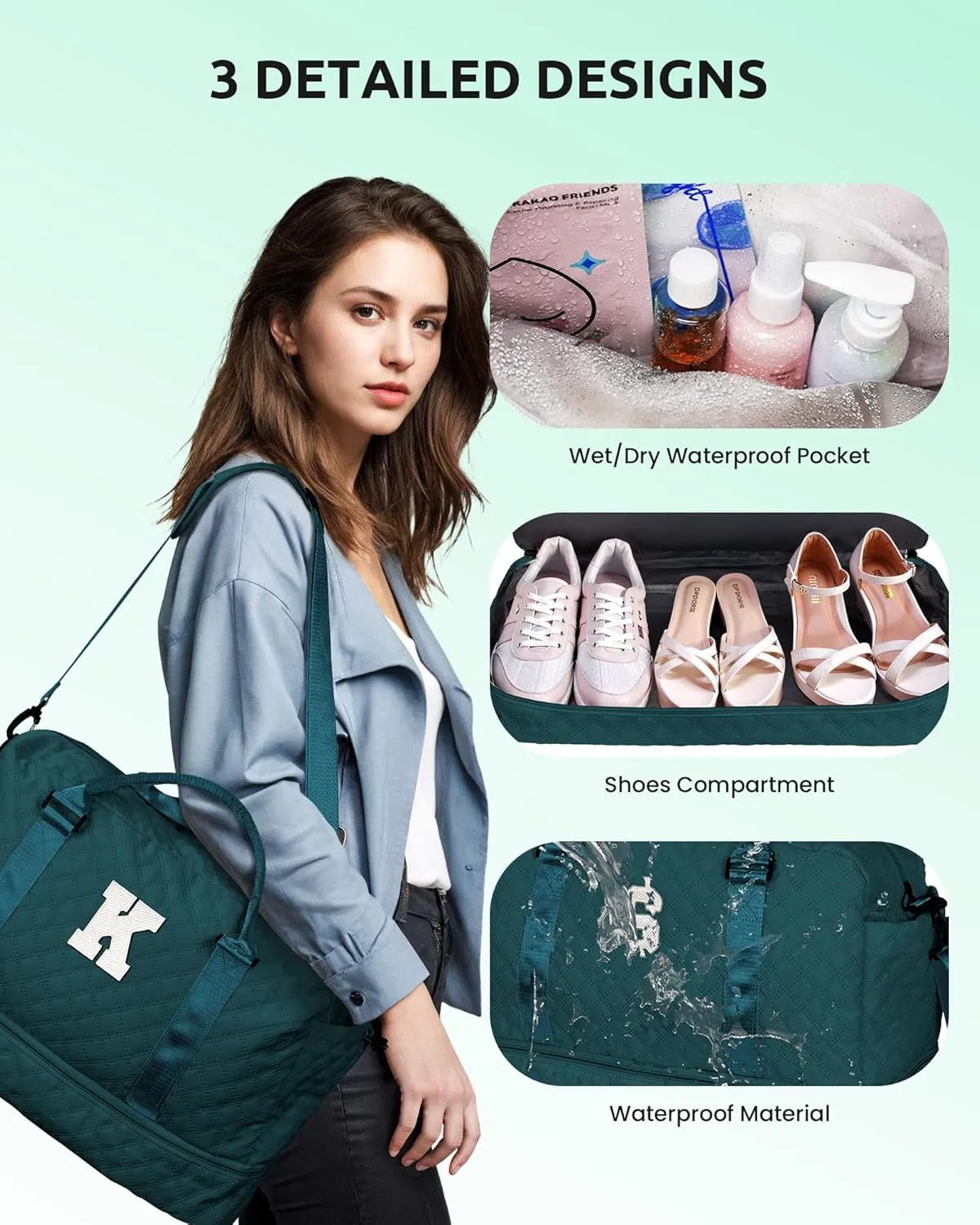Mothers Day Gift, Woman Duffel Bag with Shoe Compartment, Personalized Weekender Bag, Monogram Overnight Bag for Women, Letter Travel Bag with Makeup Bag Bride Gifts (Letter D)
