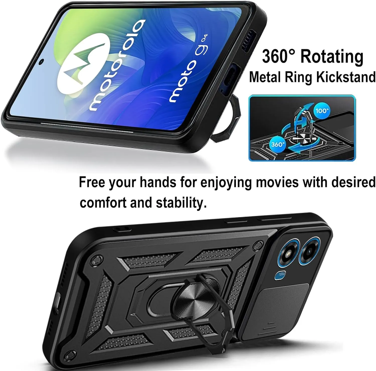Motorola Moto G04 G24 Case Shockproof Ring Stand Phone Camera Lens Cover