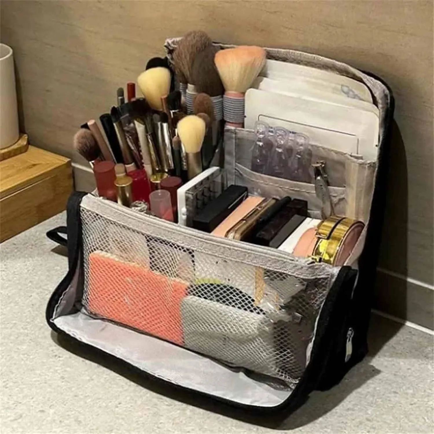 Multi-purpose Large Capacity Oxford Cloth Standing Makeup Bag, Portable Toiletry Bag, Waterproof Makeup Organizer with Compartments (Navy)