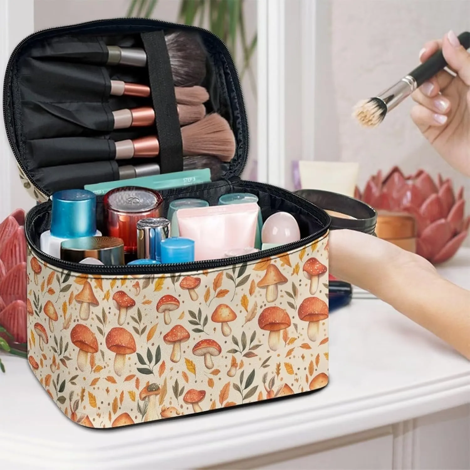 Mushroom Makeup Bag Organizer Cosmetic Zipper Pouch Large Capacity Travel Cosmetic Bag Makeup Bag with Internal Brush Slots Makeup Bag for Women Travel