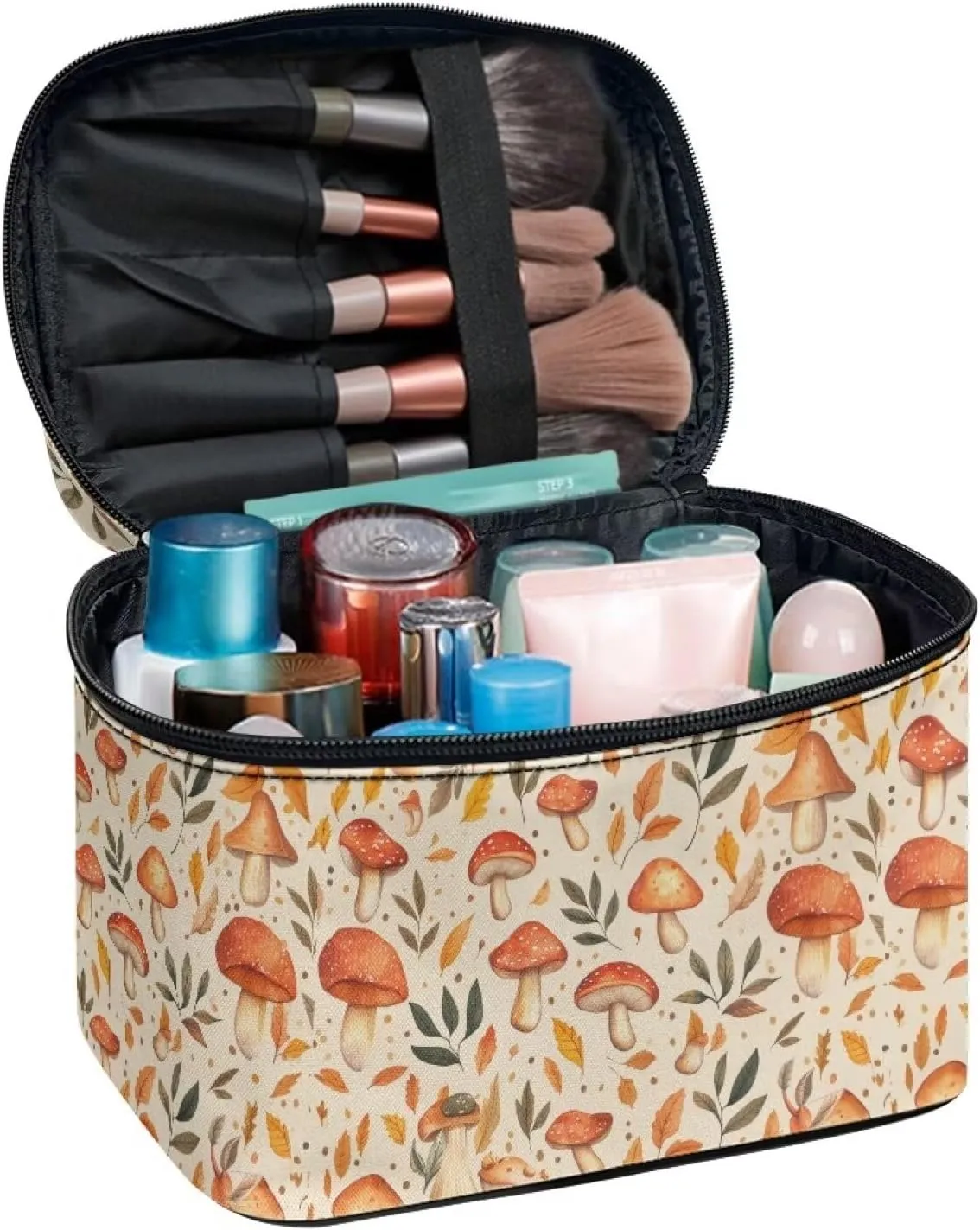 Mushroom Makeup Bag Organizer Cosmetic Zipper Pouch Large Capacity Travel Cosmetic Bag Makeup Bag with Internal Brush Slots Makeup Bag for Women Travel