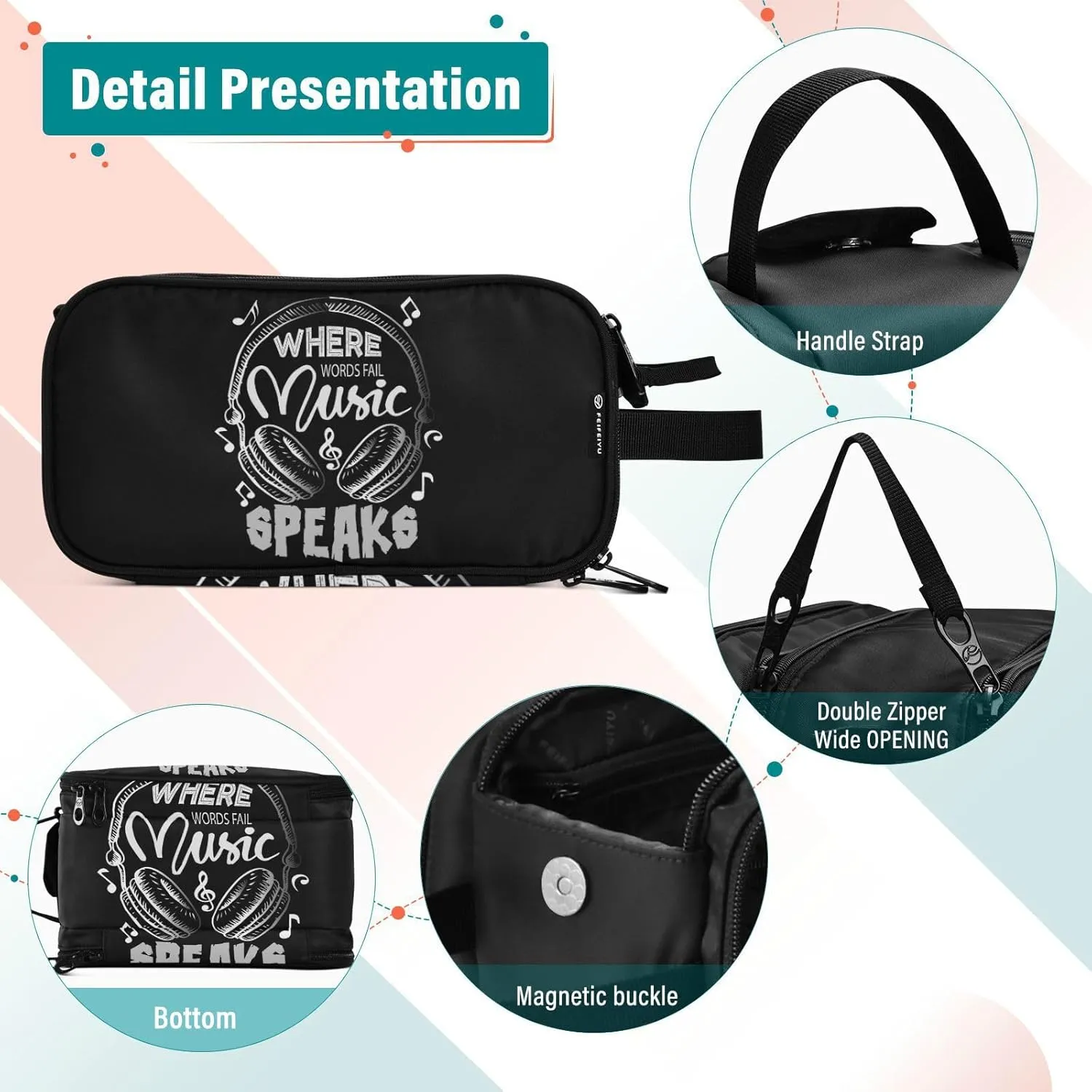 Music Notes Earphone with Where Words Fail, Music Speaks on Black Women's Portable Makeup Bag with Handle, Cosmetic Bag, Travel Cosmetic Bag Durable Toiletry Storage Organizer 11 x 7 x 5.7 inch