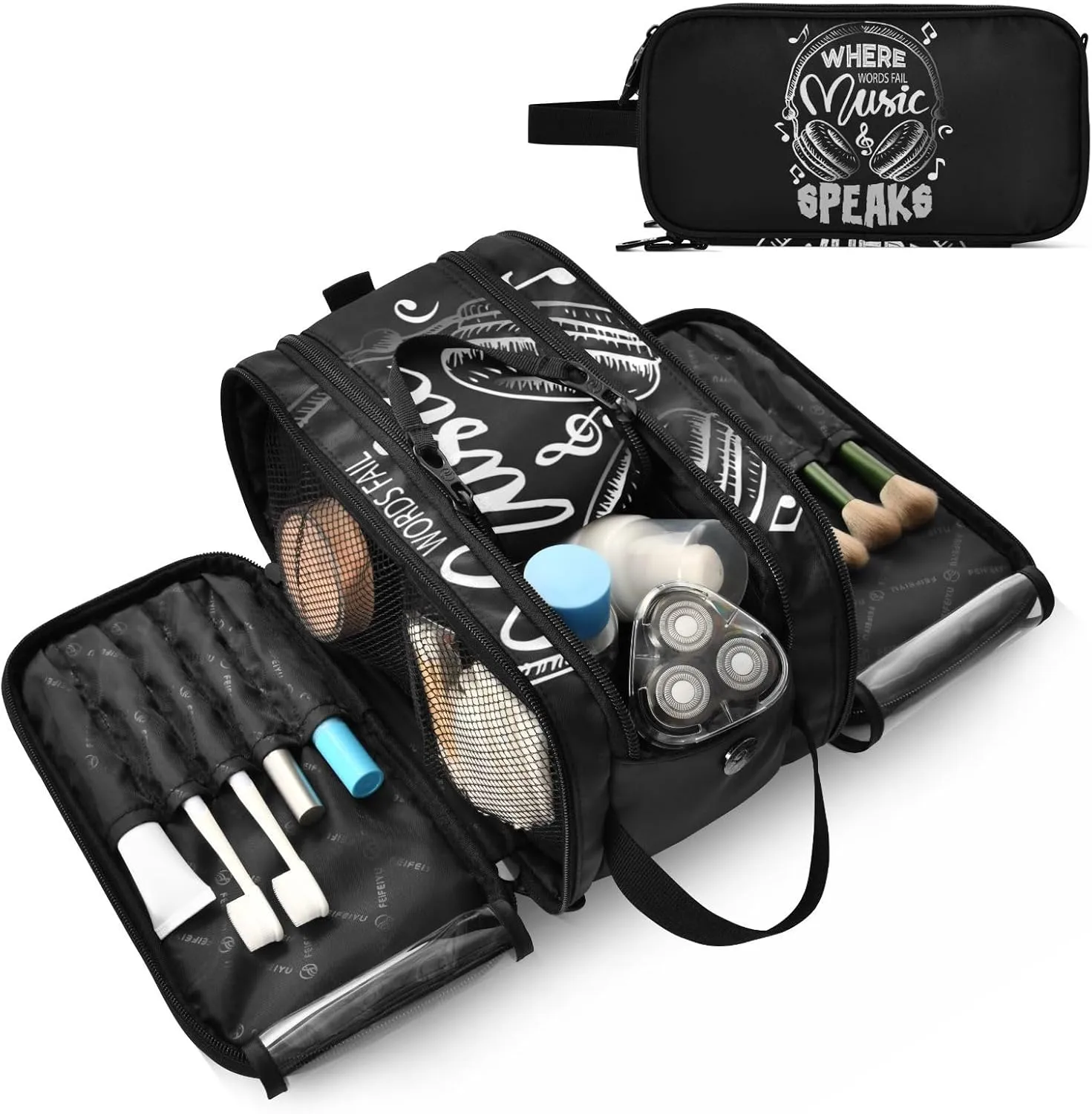 Music Notes Earphone with Where Words Fail, Music Speaks on Black Women's Portable Makeup Bag with Handle, Cosmetic Bag, Travel Cosmetic Bag Durable Toiletry Storage Organizer 11 x 7 x 5.7 inch