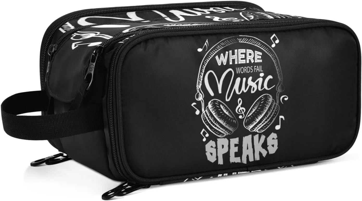 Music Notes Earphone with Where Words Fail, Music Speaks on Black Women's Portable Makeup Bag with Handle, Cosmetic Bag, Travel Cosmetic Bag Durable Toiletry Storage Organizer 11 x 7 x 5.7 inch