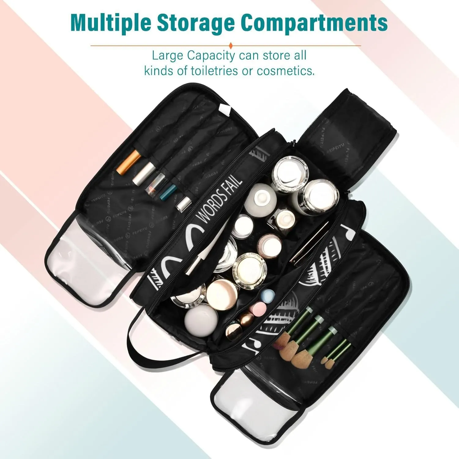 Music Notes Earphone with Where Words Fail, Music Speaks on Black Women's Portable Makeup Bag with Handle, Cosmetic Bag, Travel Cosmetic Bag Durable Toiletry Storage Organizer 11 x 7 x 5.7 inch