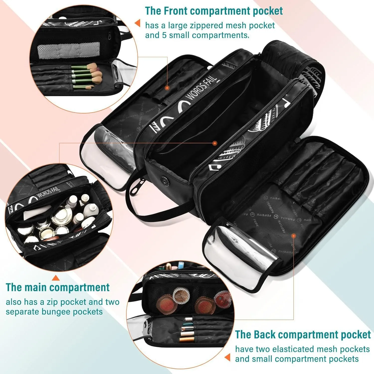 Music Notes Earphone with Where Words Fail, Music Speaks on Black Women's Portable Makeup Bag with Handle, Cosmetic Bag, Travel Cosmetic Bag Durable Toiletry Storage Organizer 11 x 7 x 5.7 inch