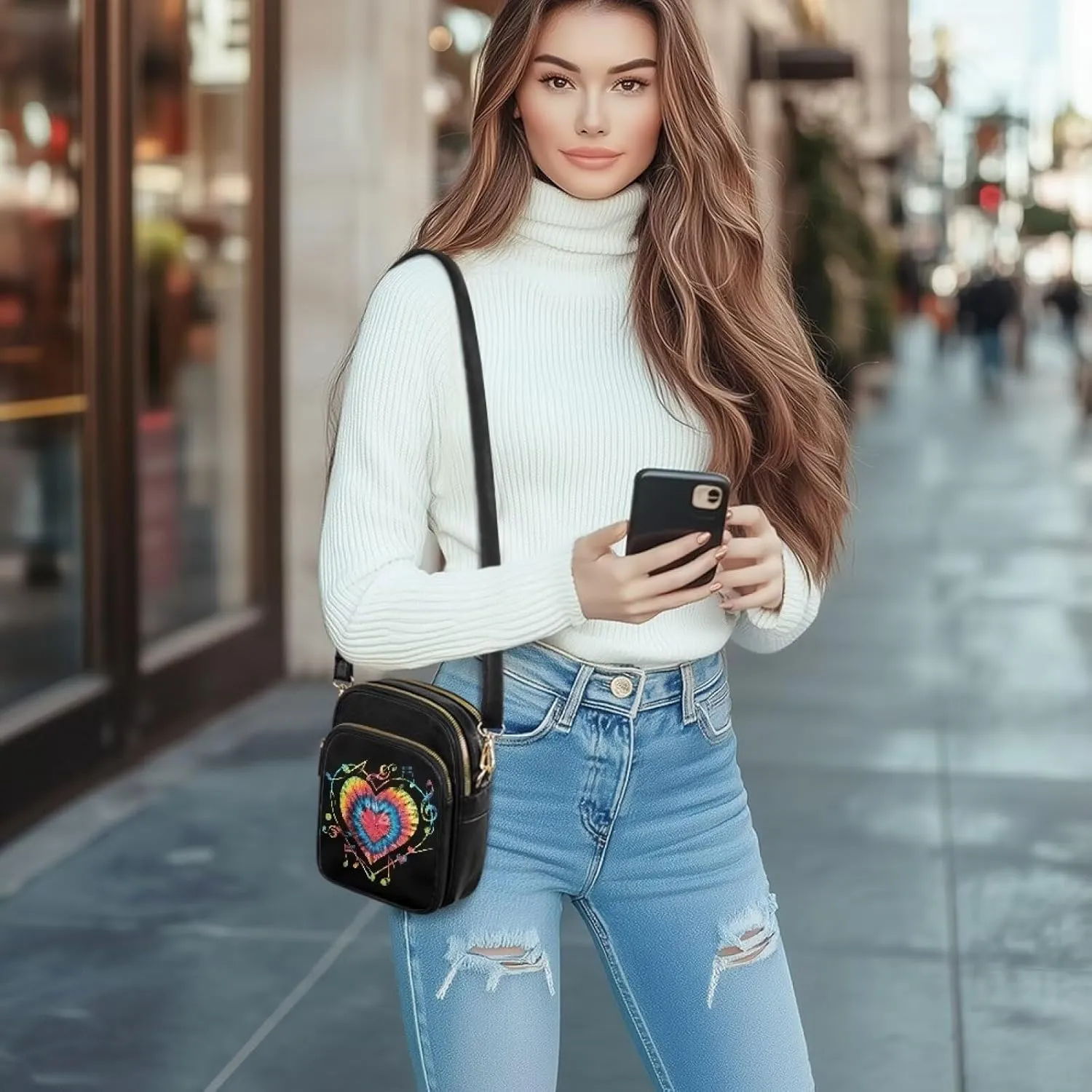 Musical Small Crossbody Phone Purse for Women, PU Leather Shoulder Bag for Phone Passport Handbag Travel Coin Pouch