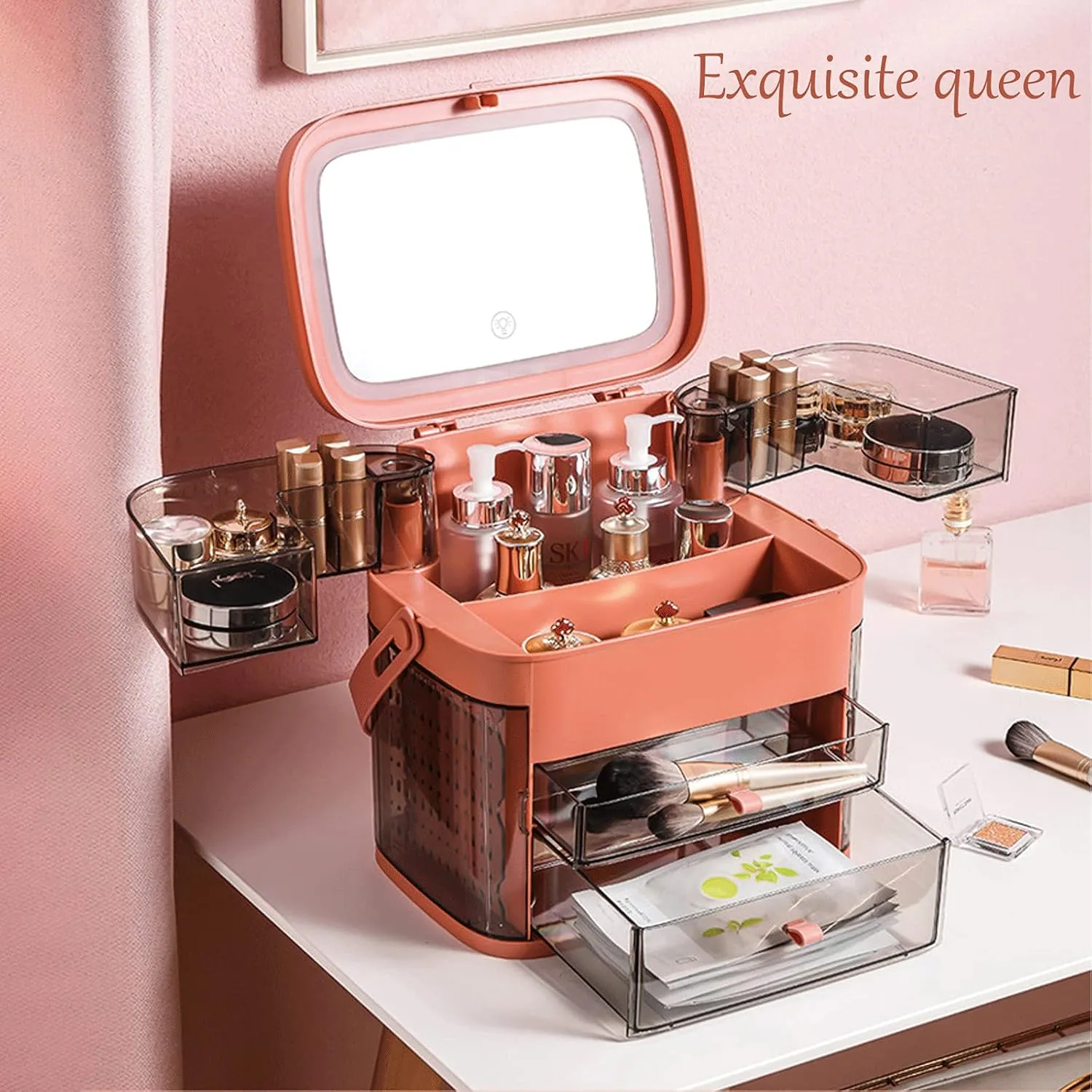 N A Makeup Organizer, Make Up Case Cosmetic Dustproof Waterproof Makeup Storage Box with Led Light Mirror Cosmetic Organiser Makeup Organiser Storage Case