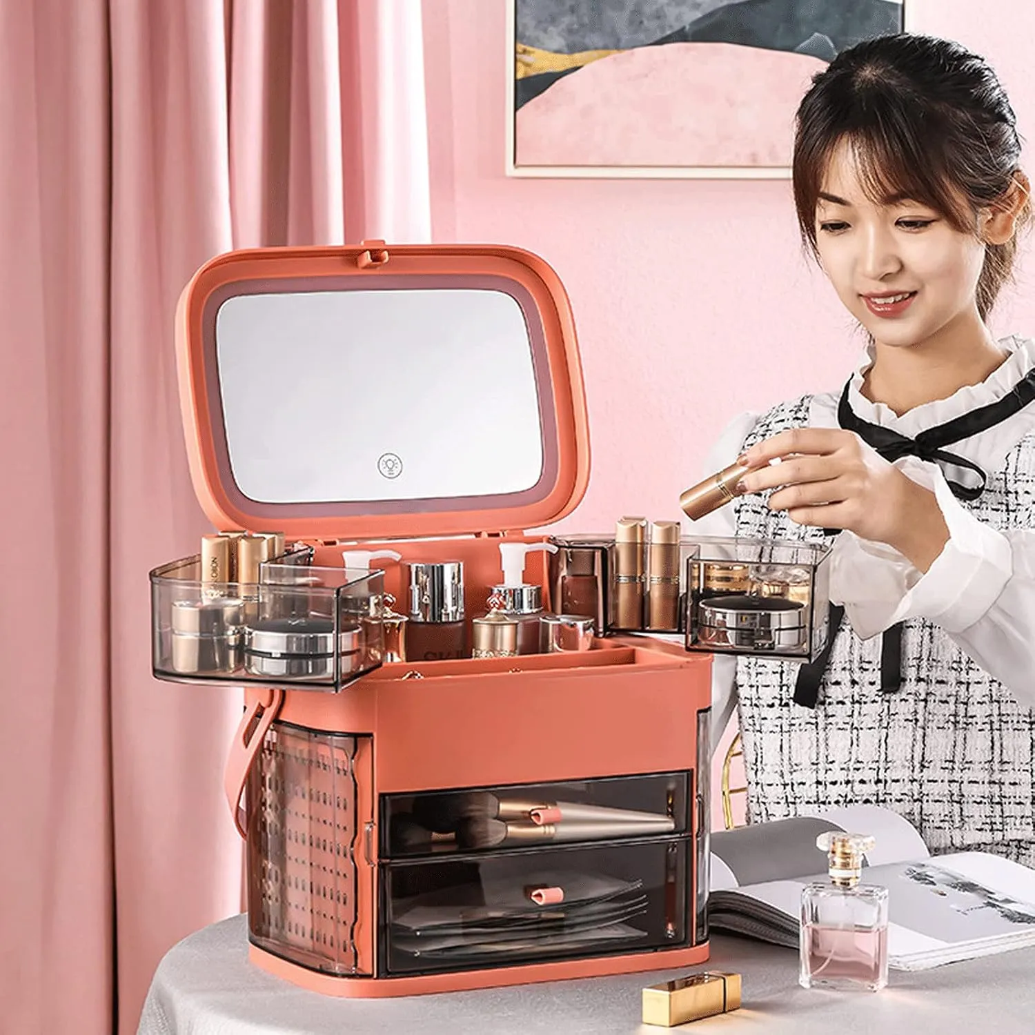 N A Makeup Organizer, Make Up Case Cosmetic Dustproof Waterproof Makeup Storage Box with Led Light Mirror Cosmetic Organiser Makeup Organiser Storage Case