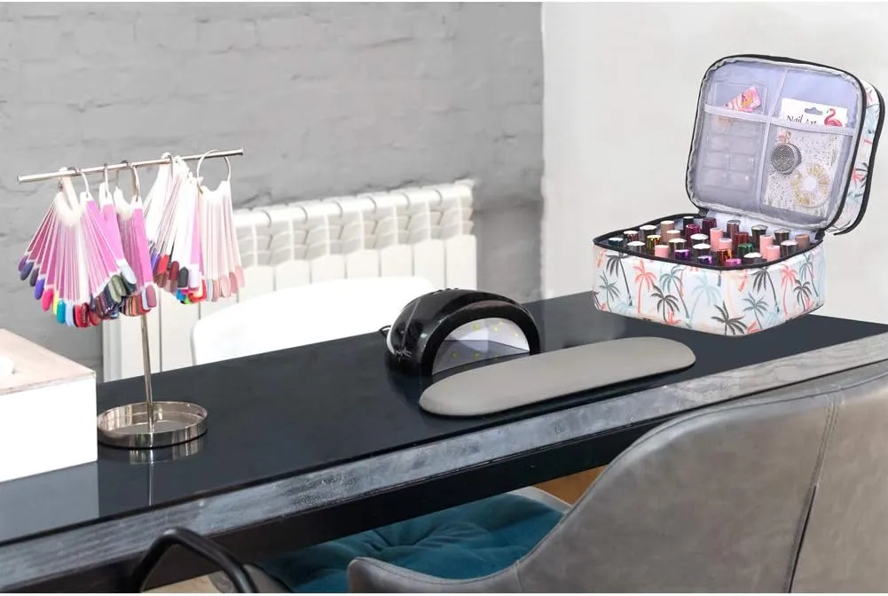 Nail Polish Carrying Case -Holds 30 bottles(15ml-0.5fl.oz)，nail organizers and storage, Double-layer Storage Bag for Nail Polish and Manicure Set, Cosmetic Travel Cases(Leaf)