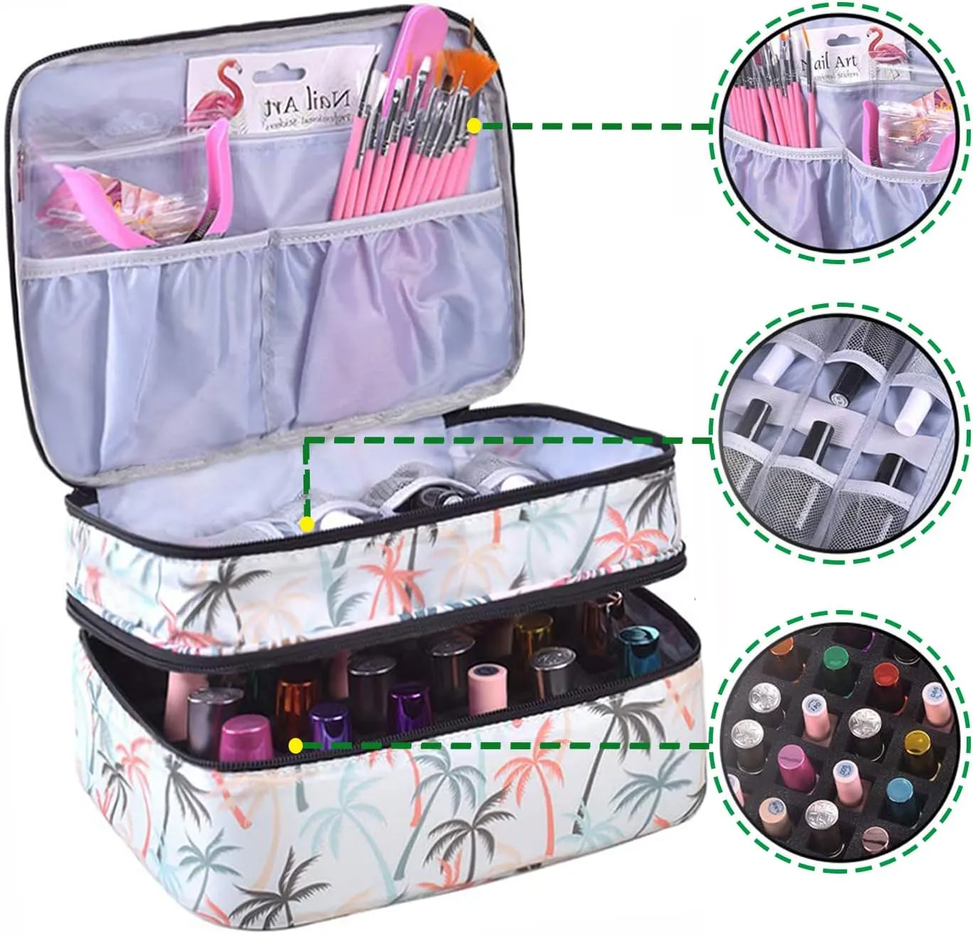 Nail Polish Carrying Case -Holds 30 bottles(15ml-0.5fl.oz)，nail organizers and storage, Double-layer Storage Bag for Nail Polish and Manicure Set, Cosmetic Travel Cases(Leaf)