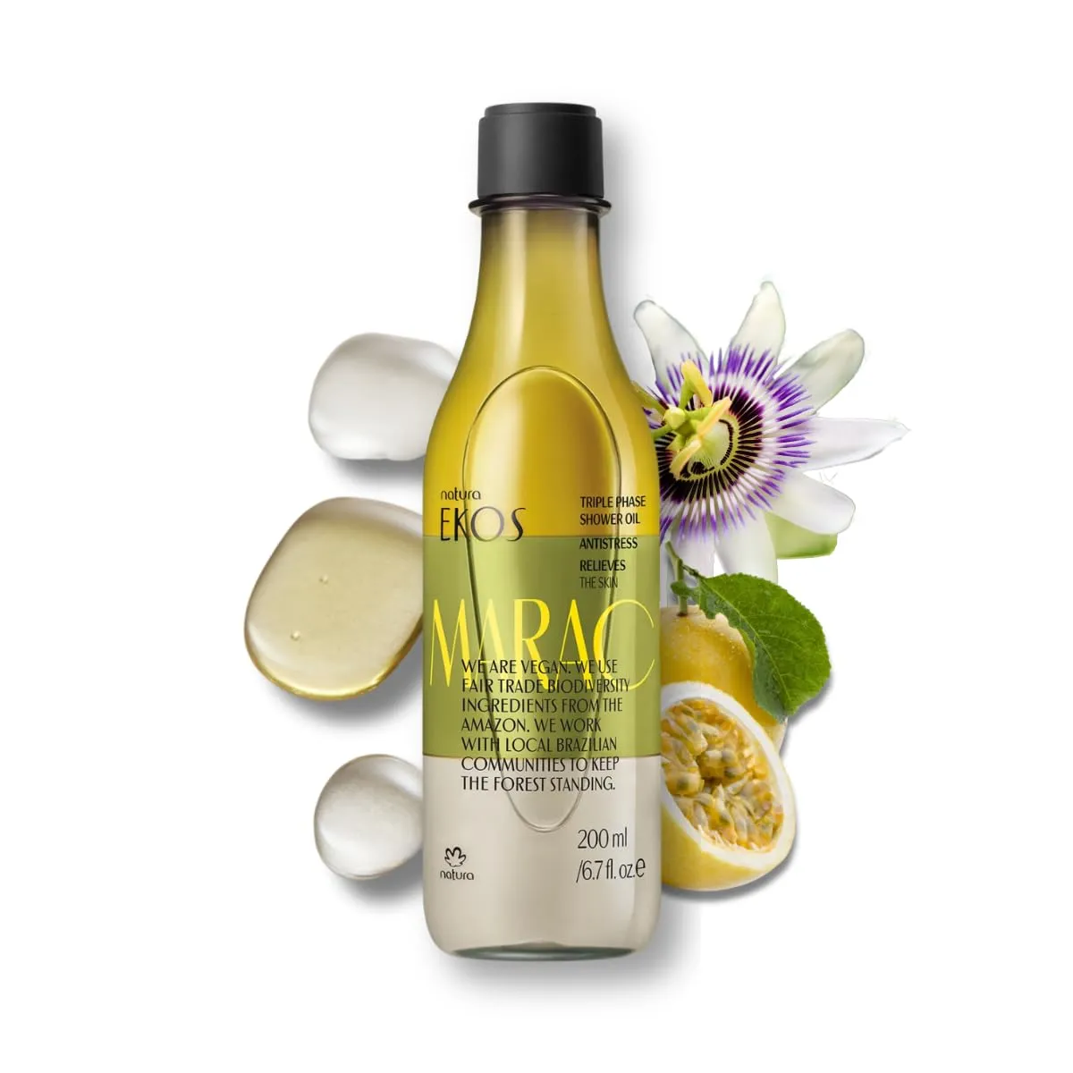 natura - Ekos Maracujá Triple Phase Shower Oil - Calming In-Shower or Bath Oil - Scented - Skin Moisturizer - Vegan Skin Care - Brazilian Beauty Secrets - Self Care - 6.7 fl oz (200ml)