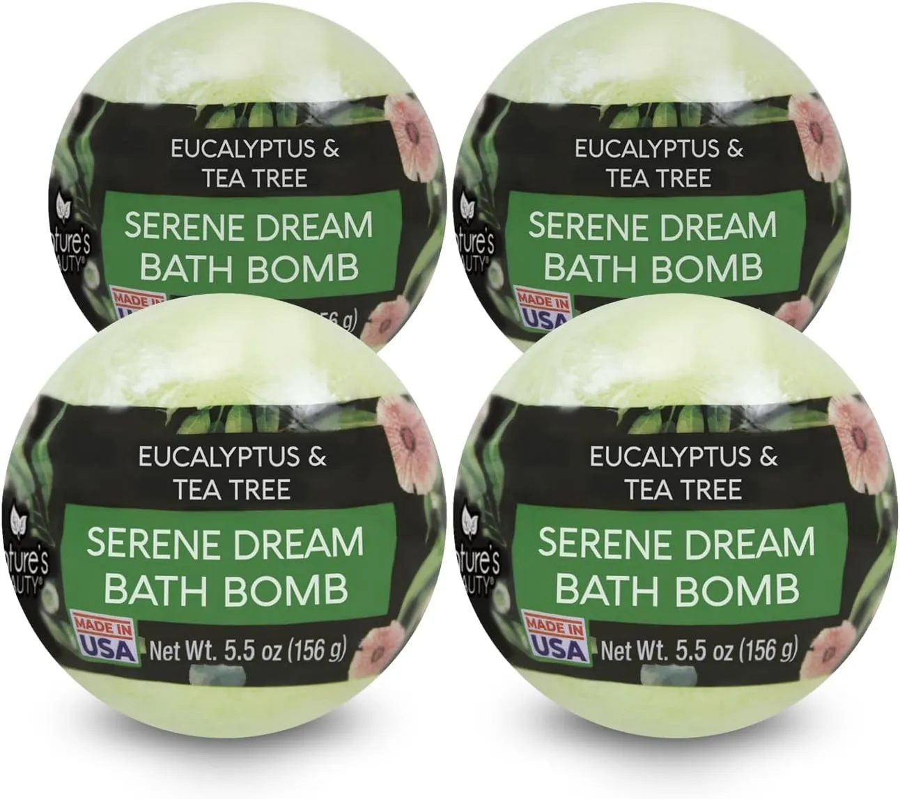 Nature's Beauty Eucalyptus & Tea Tree Bath Bomb Multi-Pack- Natural Hand Crafted, Non-Staining, Luxury Fizzy Spa Bomb, Sooth   Restore Skin, Made w/Coconut Oil & Witch Hazel, 5.5oz (4 Pack)