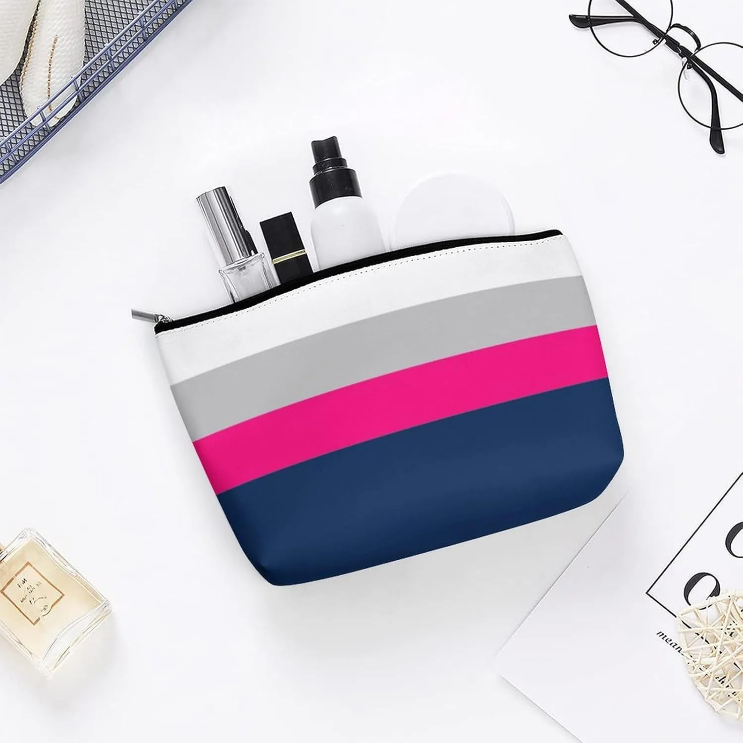 Navy, Gray Pink Stripes Cosmetic Bag, Travel Portable Makeup Bag for Purse Pouch Beauty Zipper Organizer Toiletry Bag for Women