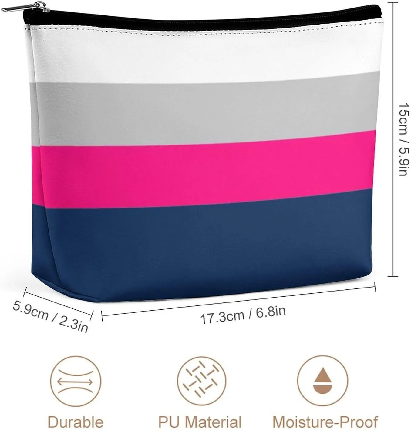 Navy, Gray Pink Stripes Cosmetic Bag, Travel Portable Makeup Bag for Purse Pouch Beauty Zipper Organizer Toiletry Bag for Women