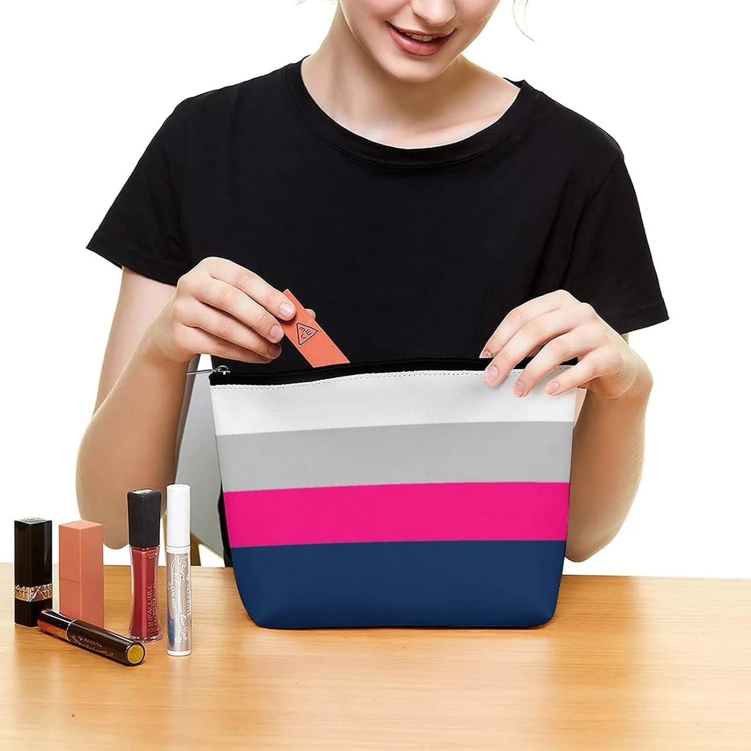 Navy, Gray Pink Stripes Cosmetic Bag, Travel Portable Makeup Bag for Purse Pouch Beauty Zipper Organizer Toiletry Bag for Women