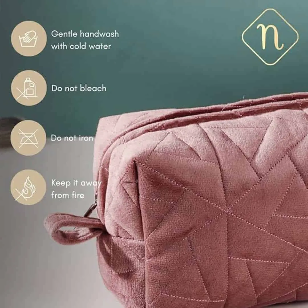 Nestasia Velvet Dusty Pink Quilted Multipurpose Set Of 3 Cosmetic Bags