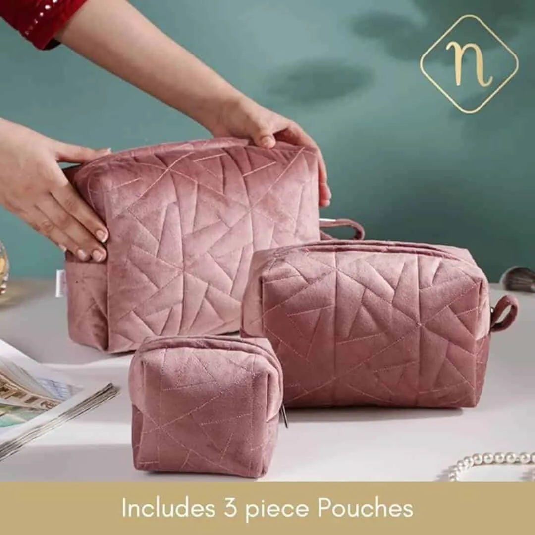 Nestasia Velvet Dusty Pink Quilted Multipurpose Set Of 3 Cosmetic Bags