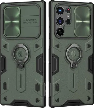 Nillkin CamShield Armor Samsung S22 Ultra Case with Kickstand & Camera Lens Cover, Shockproof Hard PC Back and Soft Silicone Bumper Hybrid Protective Cover for Galaxy S22 Ultra 6.8'' Green
