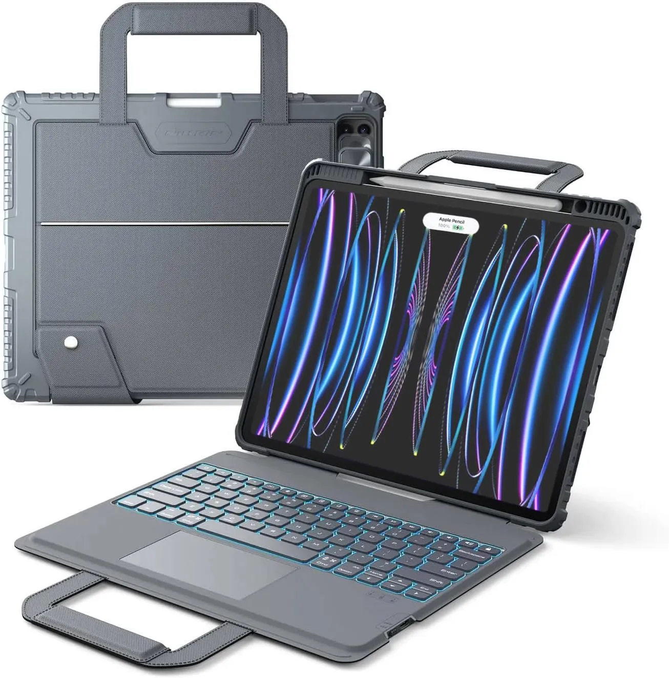 Nillkin Carry Go Keyboard Case for iPad Air 13 inch (M3/M2) with Handle, iPad Pro 12.9 (3rd/4th/5th/6th Gen) Rugged Case with Detachable Keyboard, Magic Trackpad, 7 Colors Backlit, Camera Cover, Gray