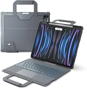 Nillkin Carry Go Keyboard Case for iPad Air 13 inch (M3/M2) with Handle, iPad Pro 12.9 (3rd/4th/5th/6th Gen) Rugged Case with Detachable Keyboard, Magic Trackpad, 7 Colors Backlit, Camera Cover, Gray
