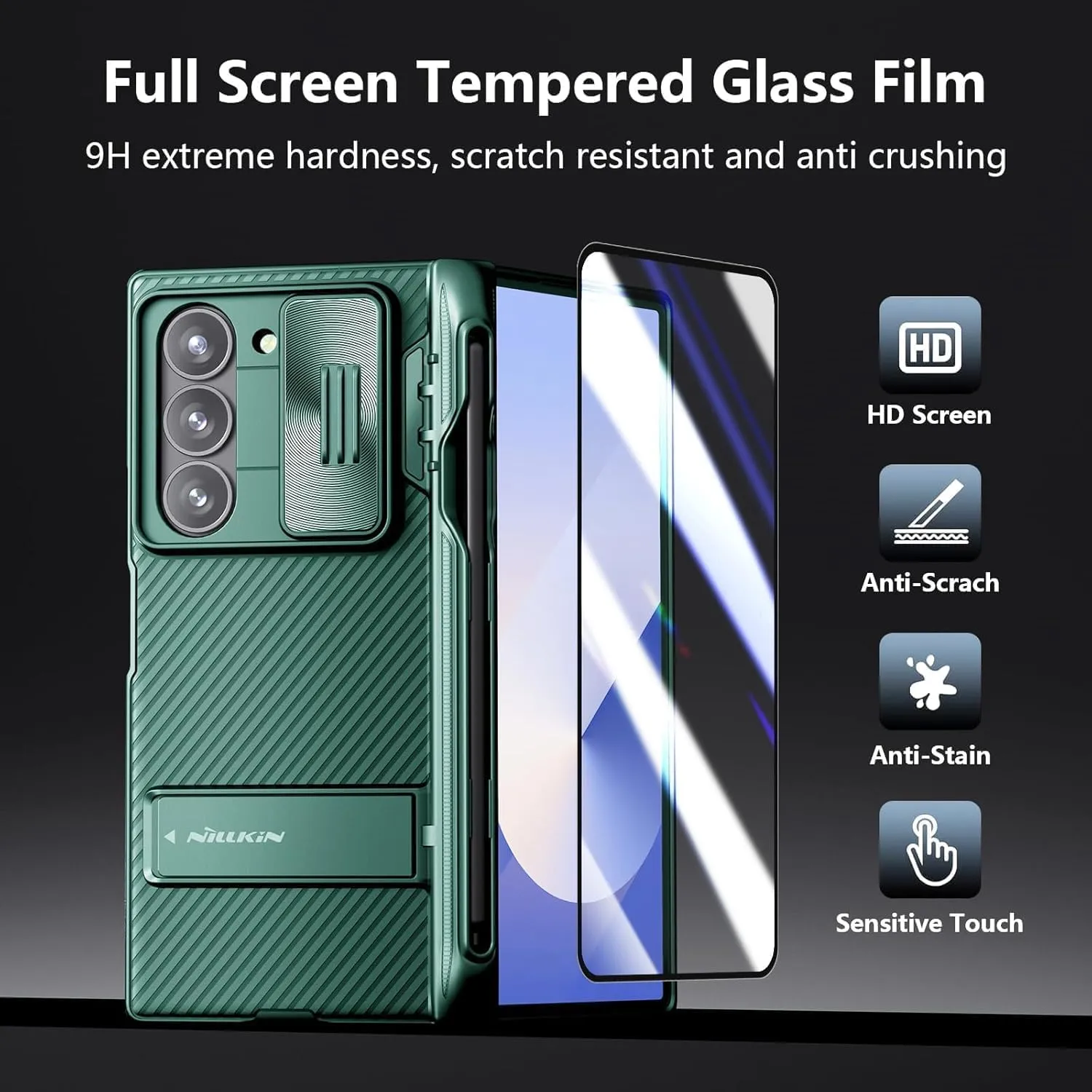 Nillkin for Galaxy Z Fold 6 Case with S Pen Holder, Built-in Screen Protecter & Slide Lens Cover & Metal Kickstand & Hinge Protection Full Shockproof Thin Slim Phone Cover for Samsung Fold 6, Green