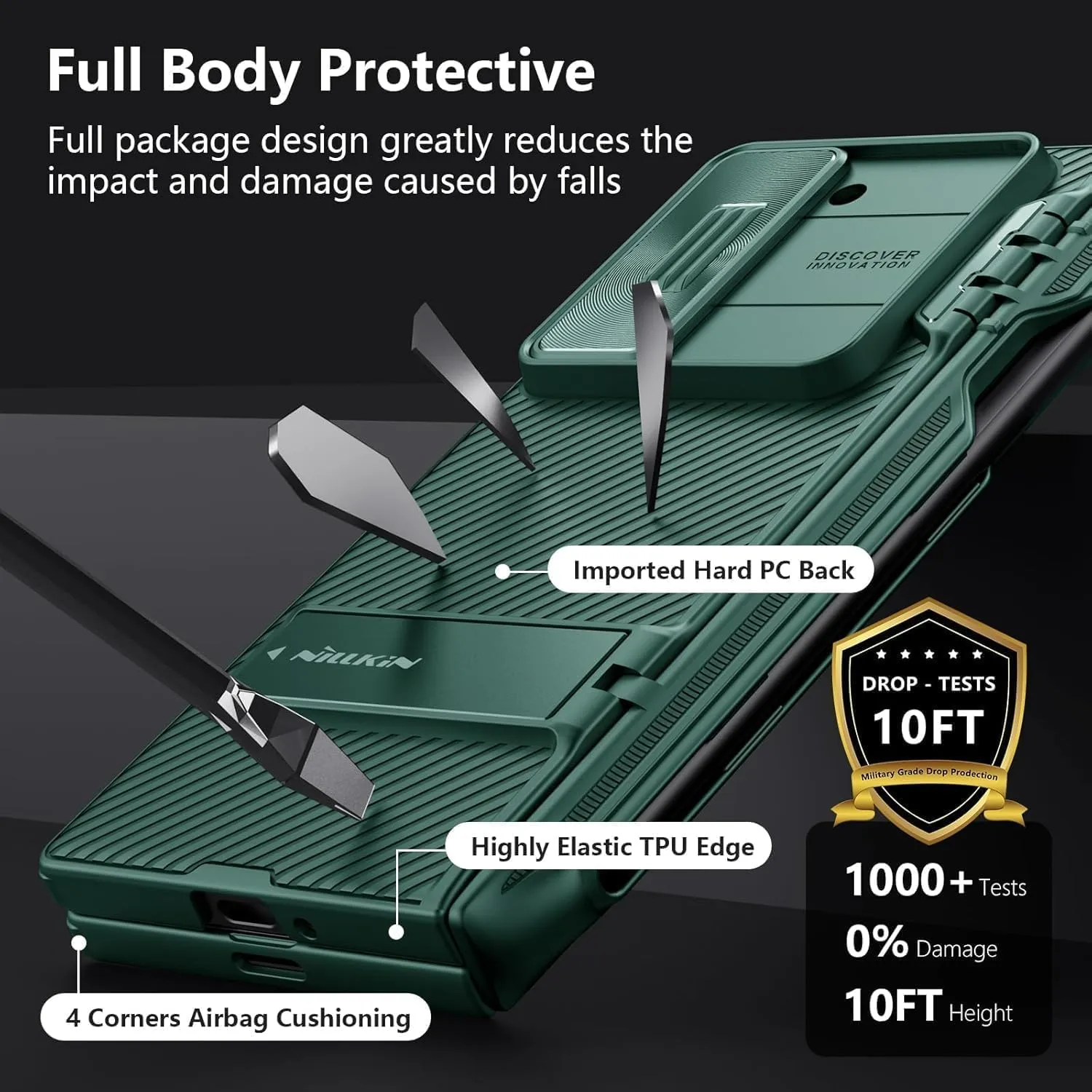 Nillkin for Galaxy Z Fold 6 Case with S Pen Holder, Built-in Screen Protecter & Slide Lens Cover & Metal Kickstand & Hinge Protection Full Shockproof Thin Slim Phone Cover for Samsung Fold 6, Green