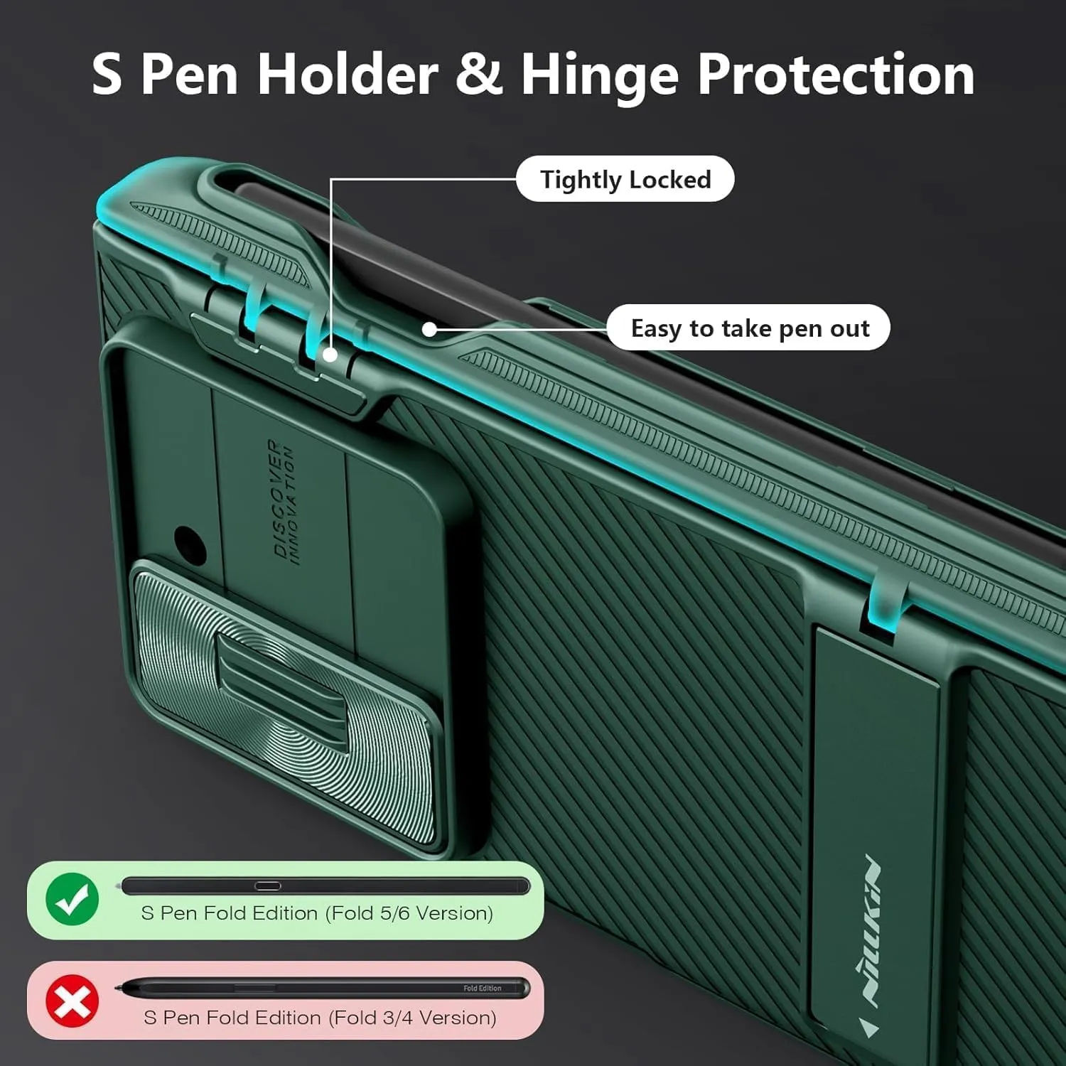 Nillkin for Galaxy Z Fold 6 Case with S Pen Holder, Built-in Screen Protecter & Slide Lens Cover & Metal Kickstand & Hinge Protection Full Shockproof Thin Slim Phone Cover for Samsung Fold 6, Green