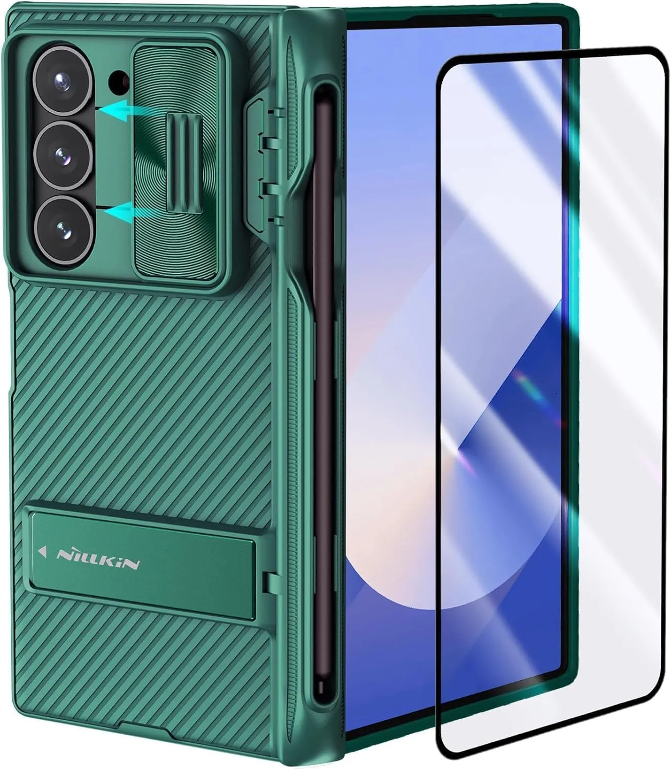 Nillkin for Galaxy Z Fold 6 Case with S Pen Holder, Built-in Screen Protecter & Slide Lens Cover & Metal Kickstand & Hinge Protection Full Shockproof Thin Slim Phone Cover for Samsung Fold 6, Green