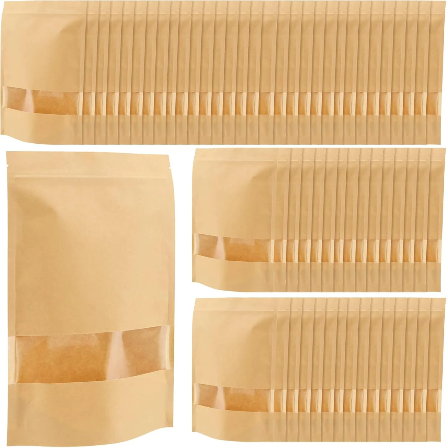 NINGWAAN 200 Pack 7 x 10 Inch Kraft Stand Up Pouch Bags, Kraft Paper Ziplock Bags with Clear Window and Tear Notch, Kraft Resealable Bags Stand Up Pouches for Food Storage