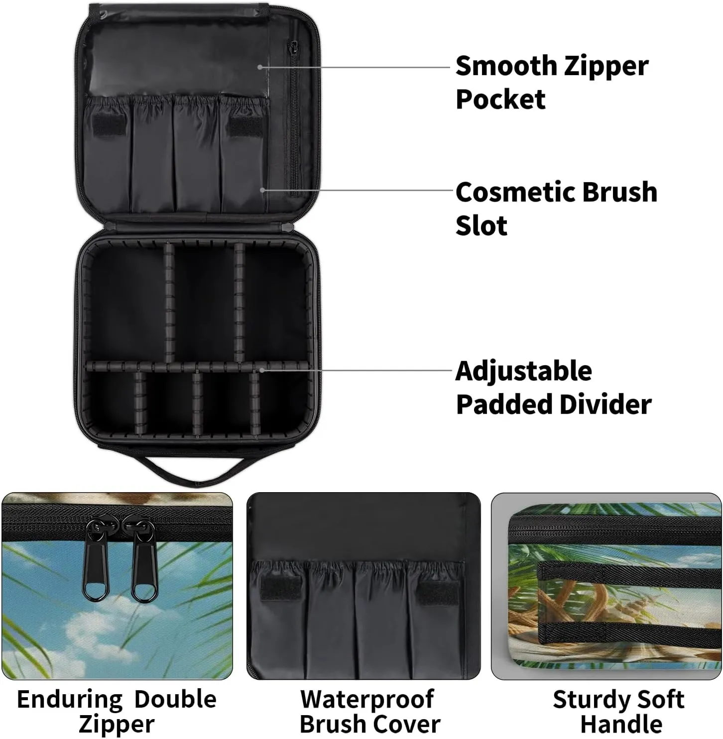 Ocean Travel Makeup Train Case Cosmetic Bag Organizer Portable Seashell Palm Tree Storage Bag with Adjustable Dividers for Cosmetics Makeup Brushes Toiletry Jewelry