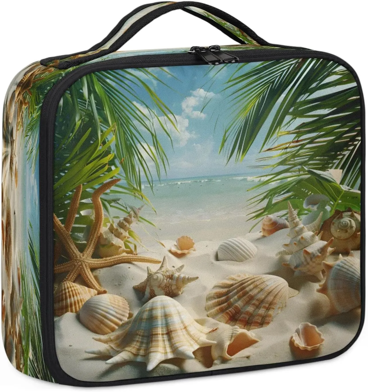 Ocean Travel Makeup Train Case Cosmetic Bag Organizer Portable Seashell Palm Tree Storage Bag with Adjustable Dividers for Cosmetics Makeup Brushes Toiletry Jewelry