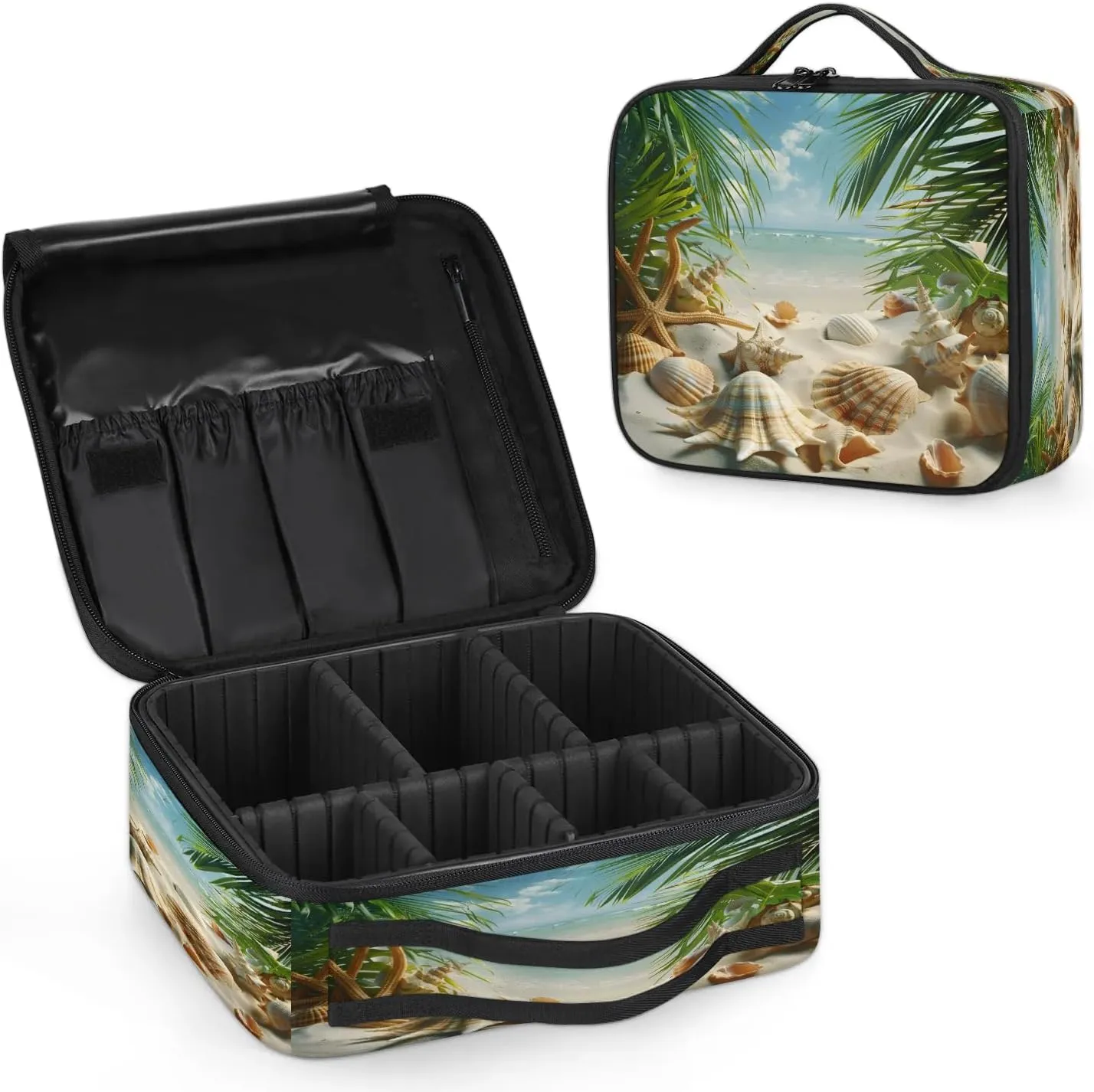 Ocean Travel Makeup Train Case Cosmetic Bag Organizer Portable Seashell Palm Tree Storage Bag with Adjustable Dividers for Cosmetics Makeup Brushes Toiletry Jewelry