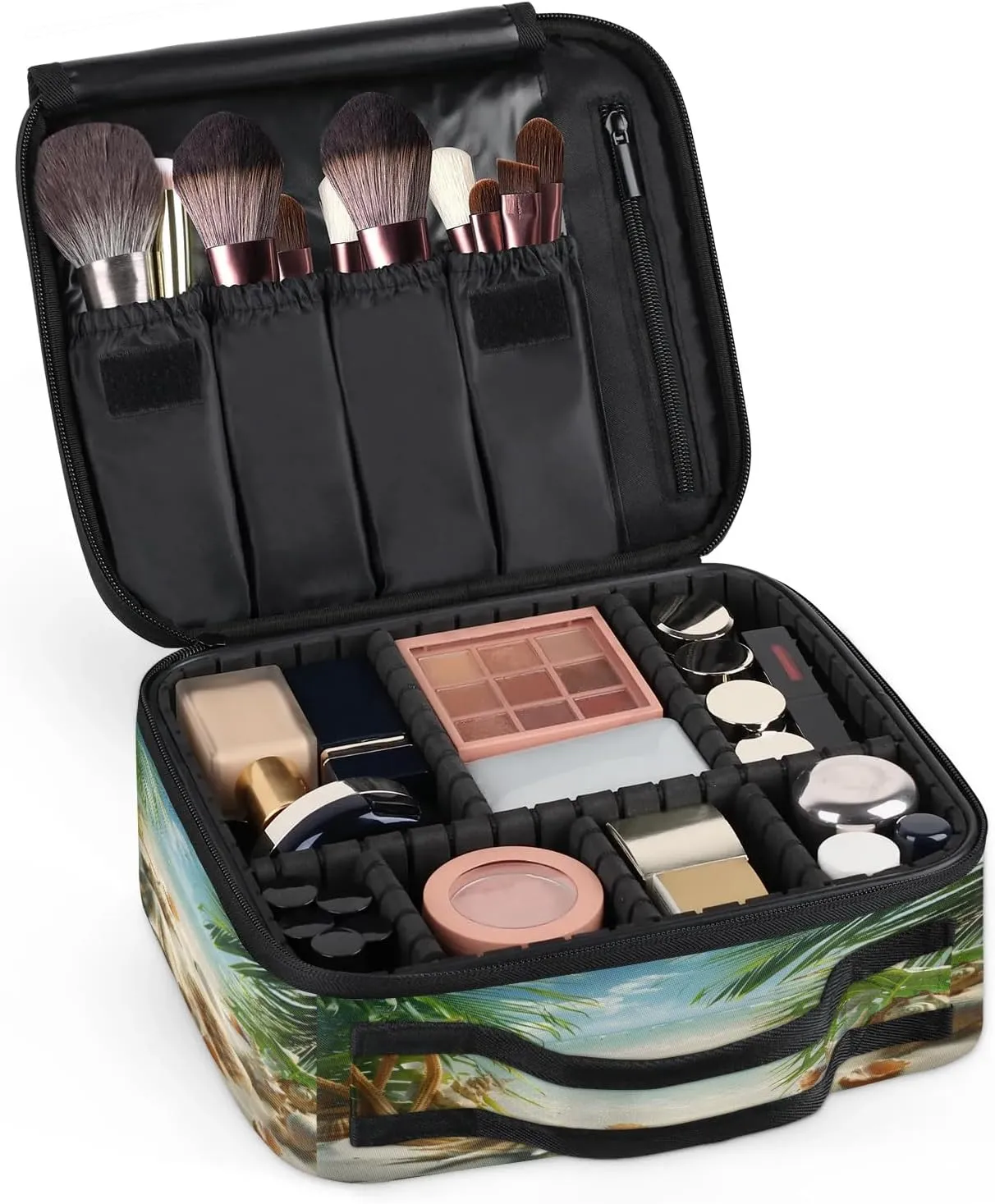 Ocean Travel Makeup Train Case Cosmetic Bag Organizer Portable Seashell Palm Tree Storage Bag with Adjustable Dividers for Cosmetics Makeup Brushes Toiletry Jewelry