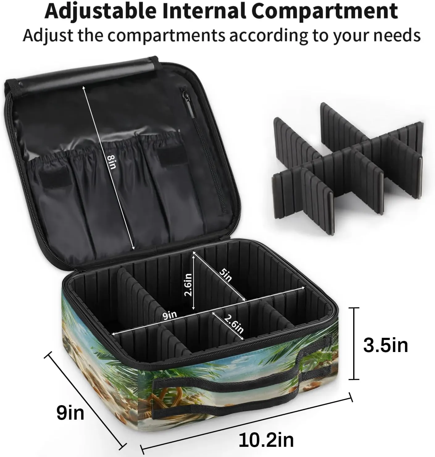 Ocean Travel Makeup Train Case Cosmetic Bag Organizer Portable Seashell Palm Tree Storage Bag with Adjustable Dividers for Cosmetics Makeup Brushes Toiletry Jewelry