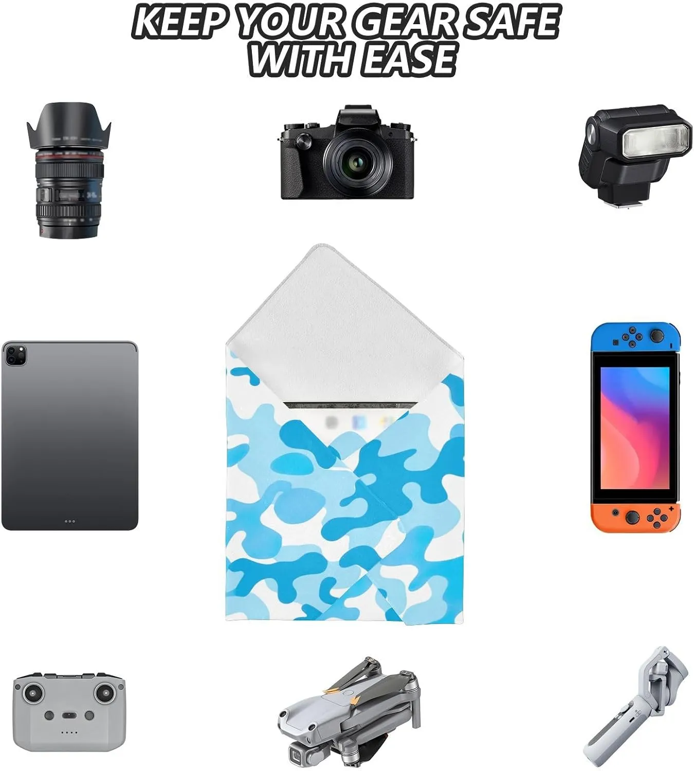 ODAWA Anti-scratch Camera Lens Wrap Blue Camouflage Self Adhesive Cloth 21.7"x21.7" Portable Cosmetic Bag for Travelling