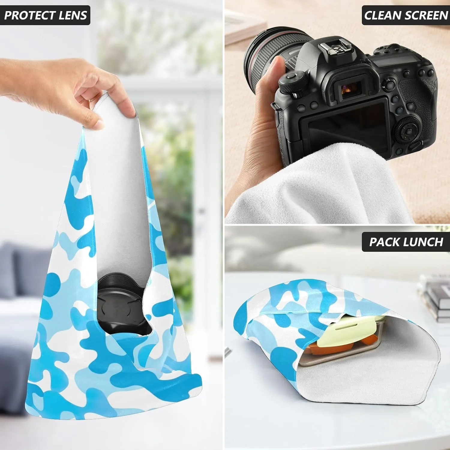 ODAWA Anti-scratch Camera Lens Wrap Blue Camouflage Self Adhesive Cloth 21.7"x21.7" Portable Cosmetic Bag for Travelling
