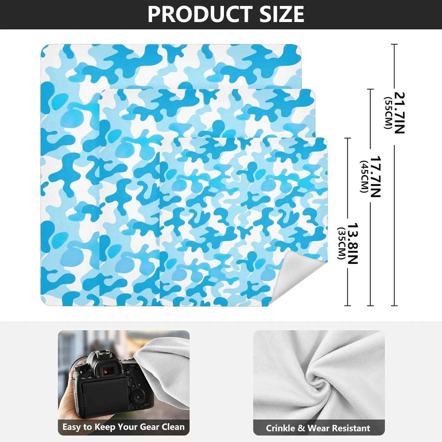 ODAWA Anti-scratch Camera Lens Wrap Blue Camouflage Self Adhesive Cloth 21.7"x21.7" Portable Cosmetic Bag for Travelling