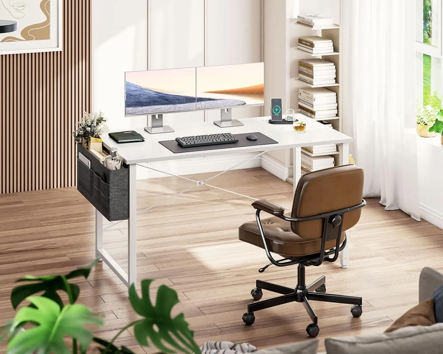 ODK Computer Desk - 48 Inch Office Writing Desk for Home, Student Study Desk with Storage Bag, Headphone Hook & Power Outlets, Modern Simple Table for Bedroom, White