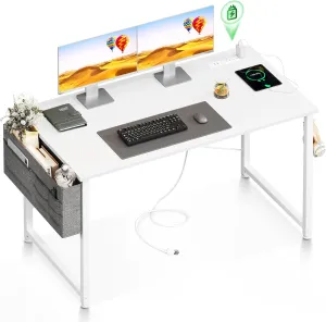 ODK Computer Desk - 48 Inch Office Writing Desk for Home, Student Study Desk with Storage Bag, Headphone Hook & Power Outlets, Modern Simple Table for Bedroom, White