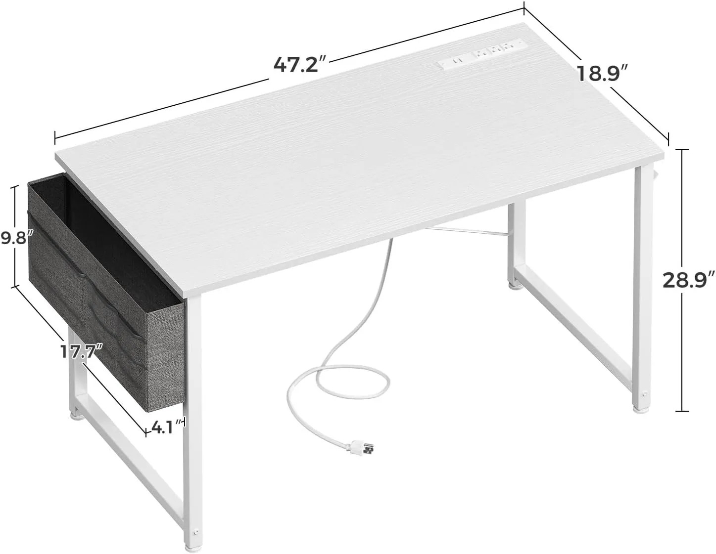 ODK Computer Desk - 48 Inch Office Writing Desk for Home, Student Study Desk with Storage Bag, Headphone Hook & Power Outlets, Modern Simple Table for Bedroom, White