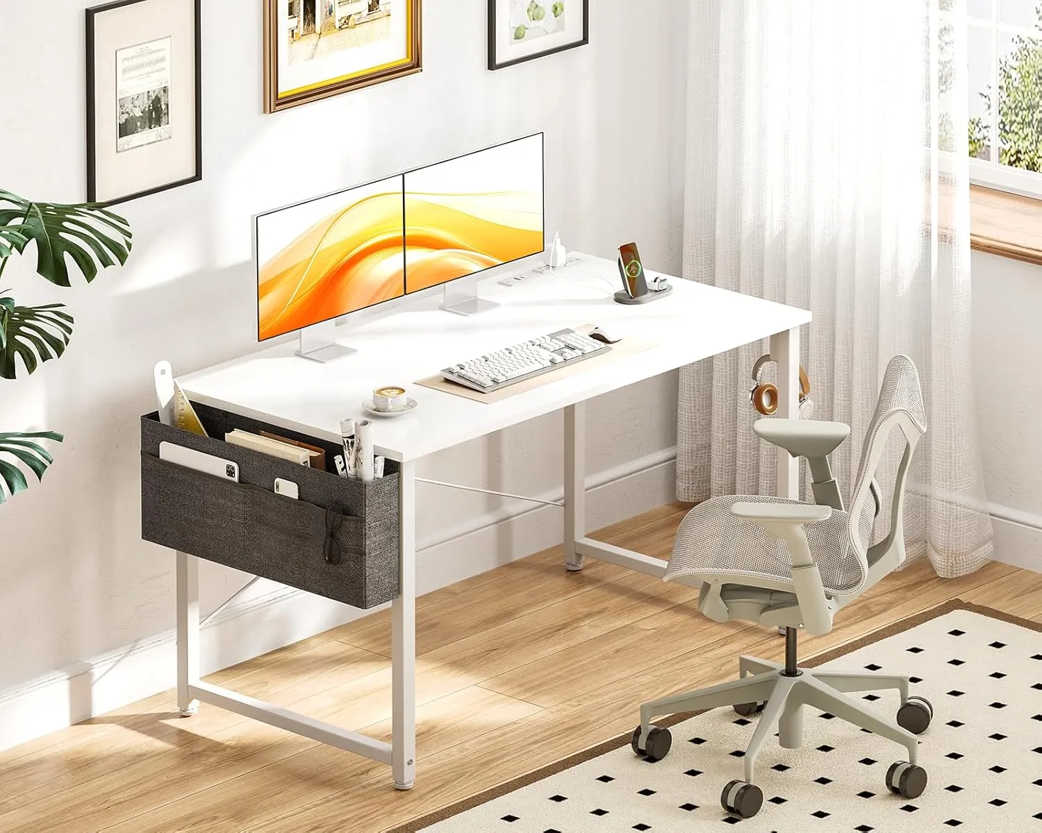 ODK Computer Desk - 48 Inch Office Writing Desk for Home, Student Study Desk with Storage Bag, Headphone Hook & Power Outlets, Modern Simple Table for Bedroom, White