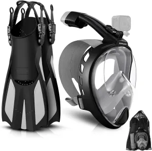 Odoland Snorkeling Packages for Adults & Youth, Full Face Snorkel Mask with Camera Mount, Adjustable Swim Fins, Mesh Bag, Anti-Fog Anti-Leak Scuba Diving Gear for Men & Women