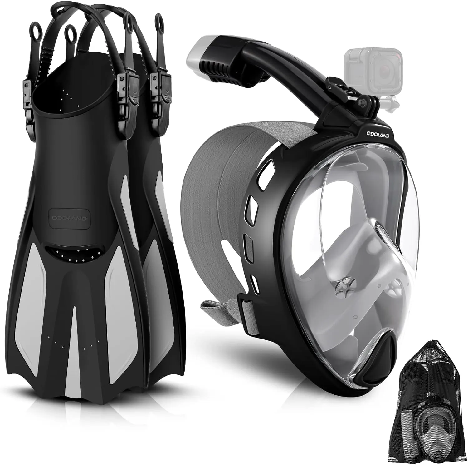 Odoland Snorkeling Packages for Adults & Youth, Full Face Snorkel Mask with Camera Mount, Adjustable Swim Fins, Mesh Bag, Anti-Fog Anti-Leak Scuba Diving Gear for Men & Women
