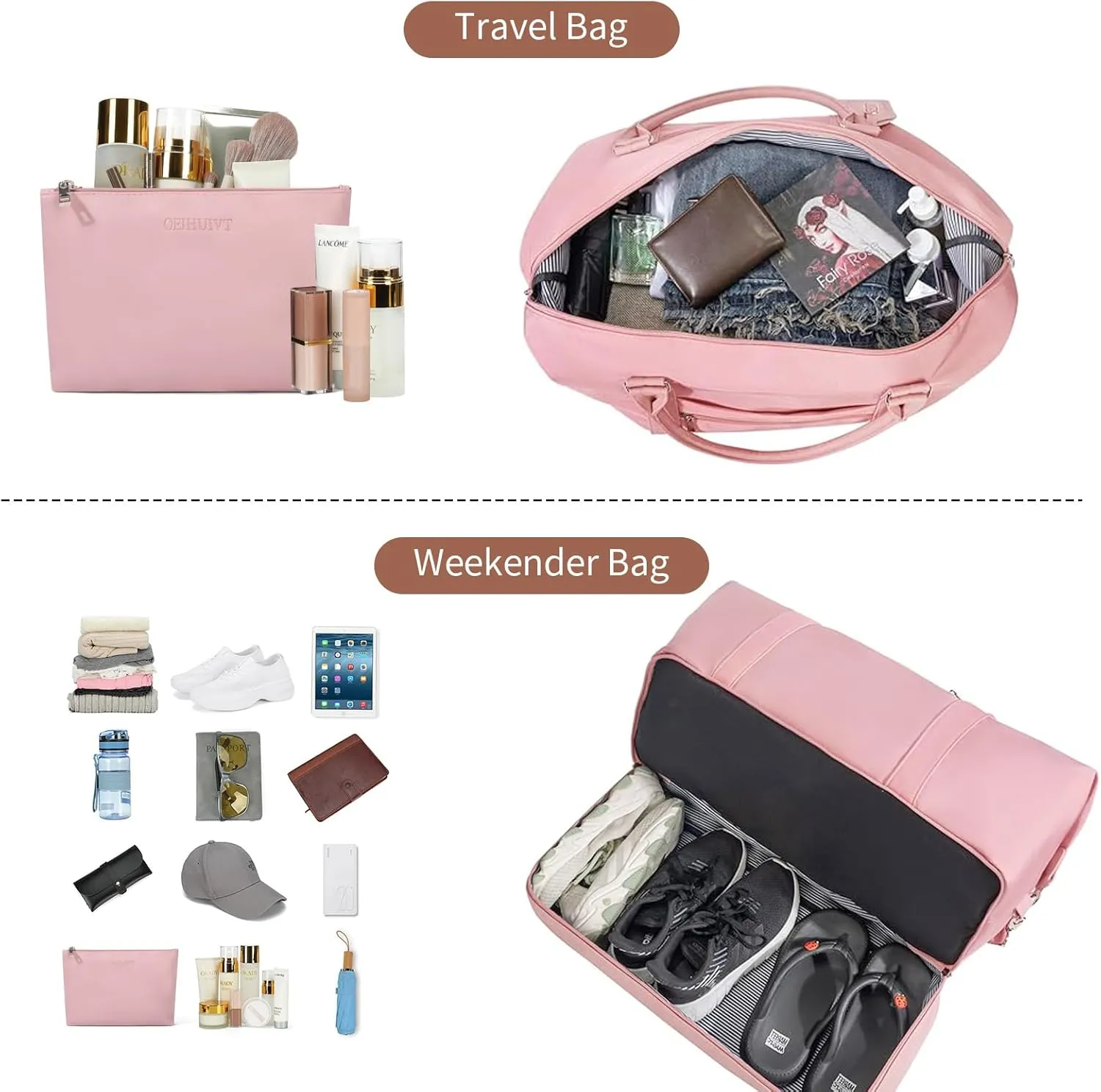 Oeihuivt Weekender Bags for Women - 21 Inch Large Travel Duffel Bag 2-Piece Set with Shoe Compartment, Heavy-Duty Canvas & Leather Carry On Overnight Tote (Airplane Approved)