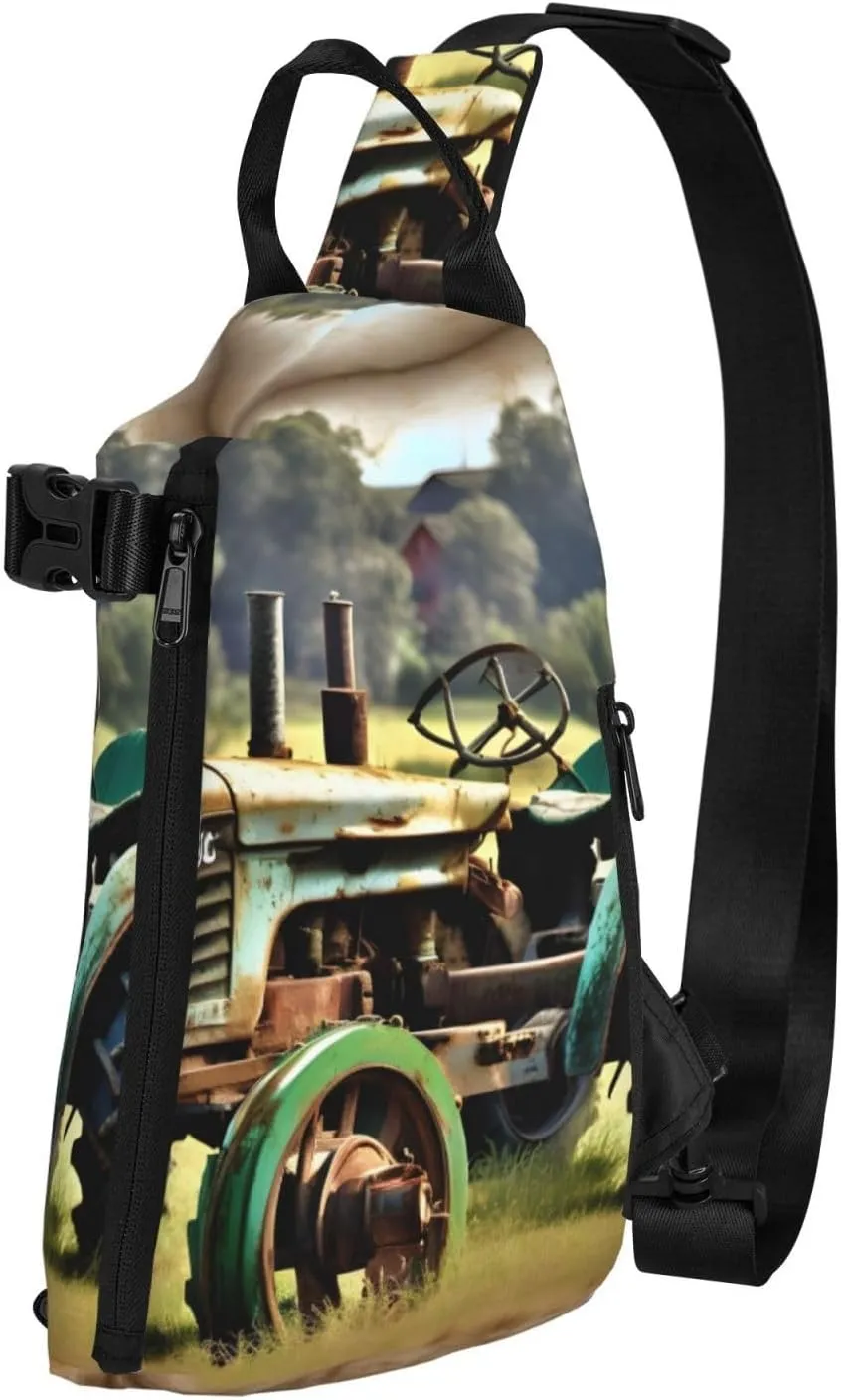 Old Tractor Photo Farm Print Crossbody Backpack Casual Adjustable Bag Multifunctional Sling Backpack