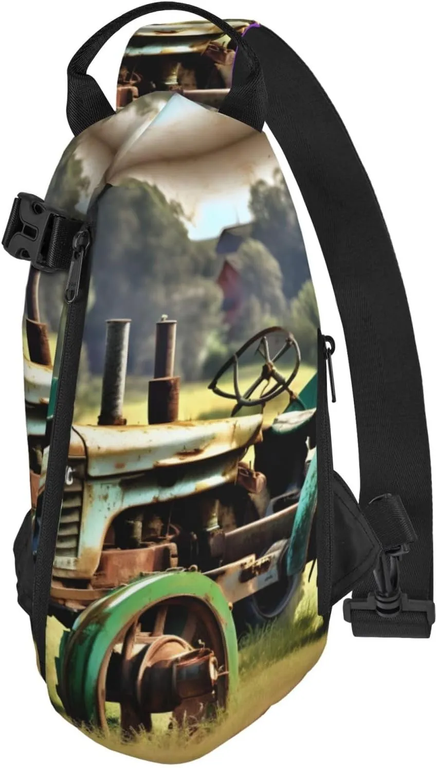 Old Tractor Photo Farm Print Crossbody Backpack Casual Adjustable Bag Multifunctional Sling Backpack