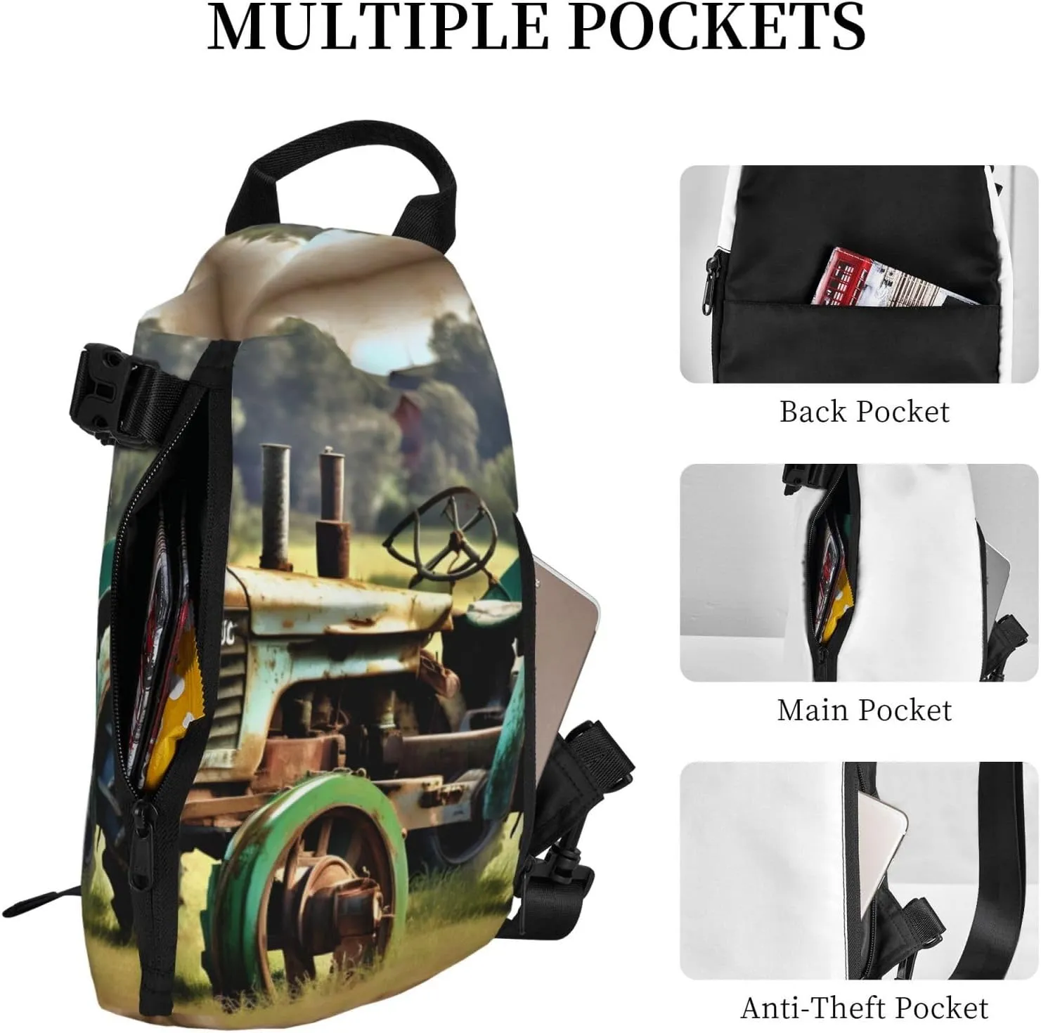 Old Tractor Photo Farm Print Crossbody Backpack Casual Adjustable Bag Multifunctional Sling Backpack