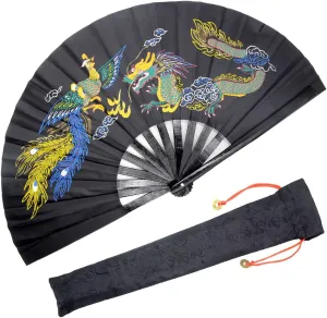 OMyTea Bamboo Large Rave Folding Hand Fan for Men/Women - Chinese Japanese Kung Fu Tai Chi Handheld Fan with Fabric Case - for Performance, Decorations, Dancing, Festival, Gift (Dragon & Phoenix)